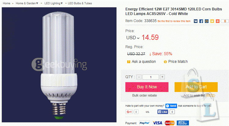 Geekbuying: «Лампочка-кукуруза» E27 120 LED 3014SMD 12W (Проверим?)